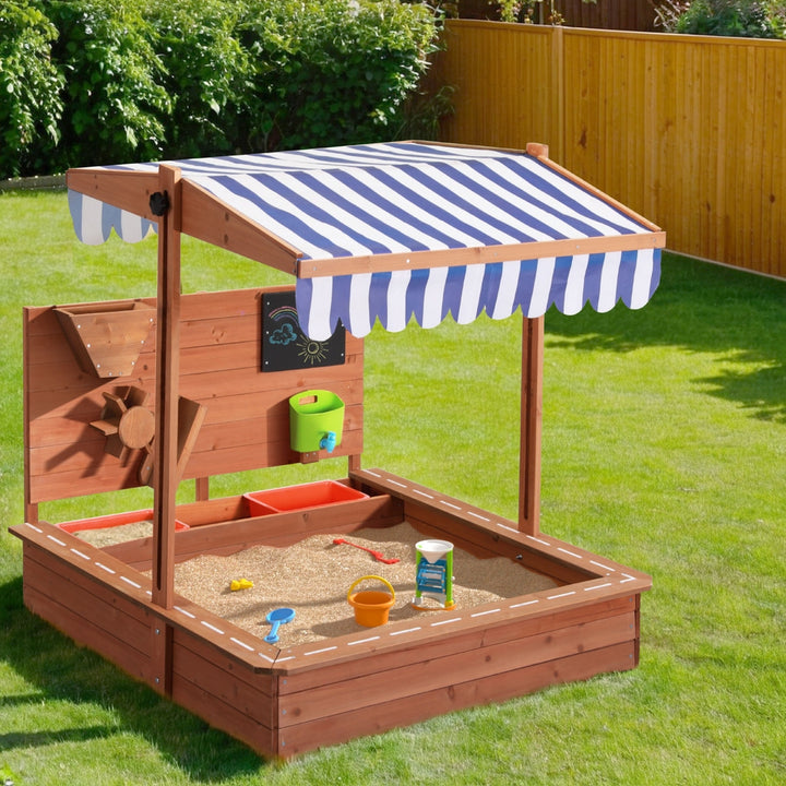 Wooden Sandpit with Adjustable Canopy - Includes Water Play Area / Toys