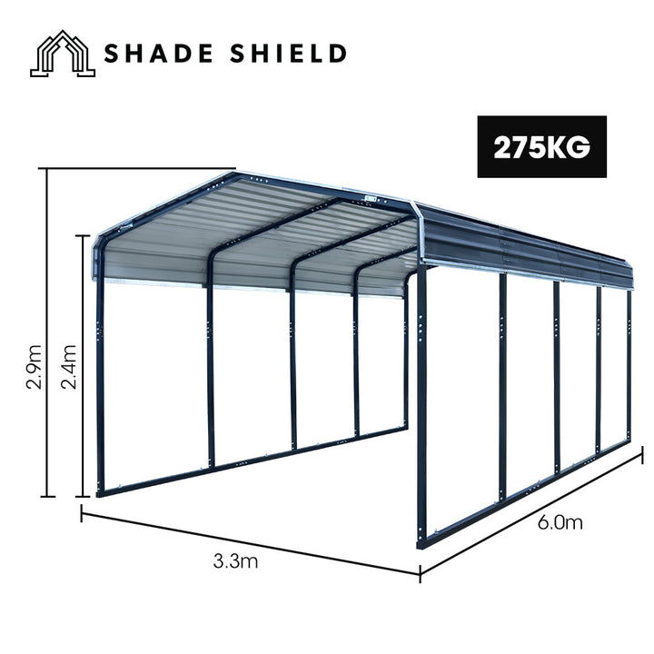 SHADE SHIELD Single Carport Shed 3.3 x 6 x 2.9m, Galvanised Steel Frame, Powder Coated Gable Roof