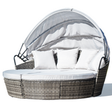 London Rattan Outdoor Daybed with Cushion & Pillows - Grey Wicker Base / Off White Canopy