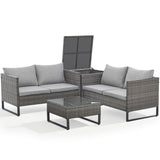 London Rattain 4pc Outdoor Furniture Setting - 4 Seater Lounge, Chairs, Coffee Table & Storage Box - Grey