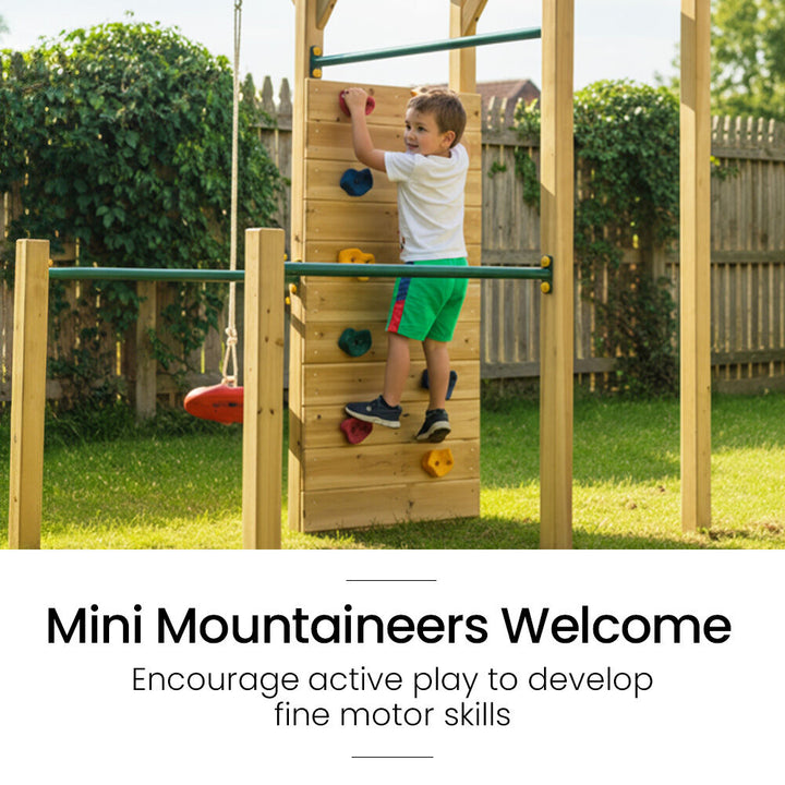 ROVO KIDS Ultimate Outdoor Monkey Bars Playset Frame, with Climbing Wall, Disc Swing, Rope Ladder