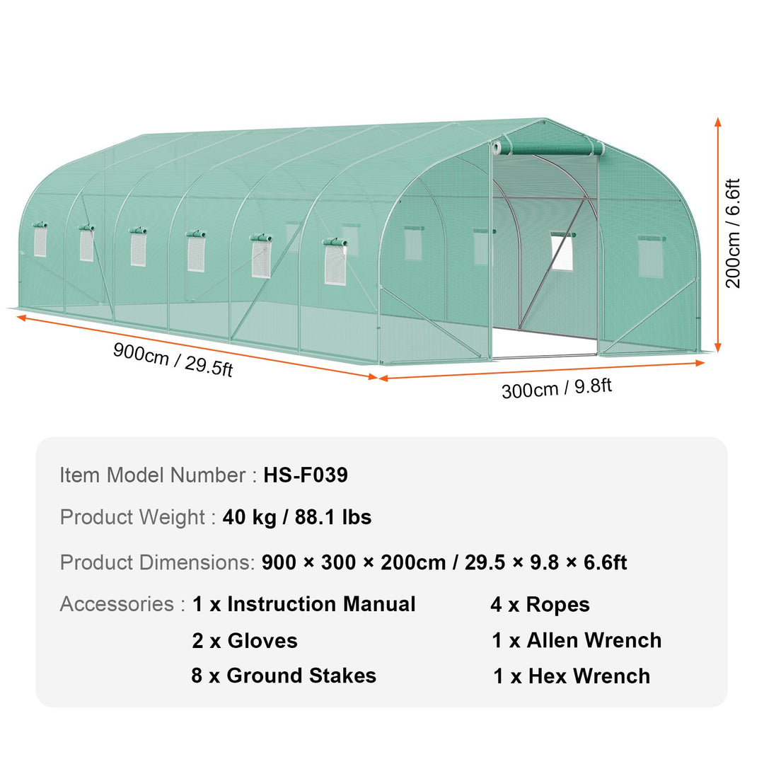 Walk-in Tunnel Greenhouse, 29.5x9.8x6.6 ft Hoop House Greenhouse Tunnel, Peaked Roof Plant Hot House with Galvanized Steel Frame, Green PE Cover, Roll-up Zipper Door and 12 Windows for Outdoor