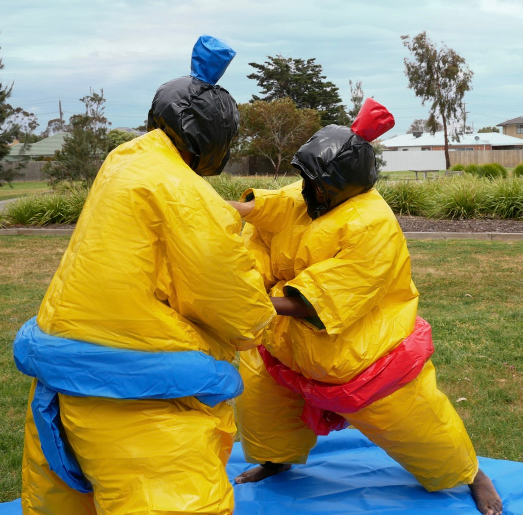 Two PVC and Fabric Adult Sumo Suits with Helmets Gloves w/ 291cm Mat