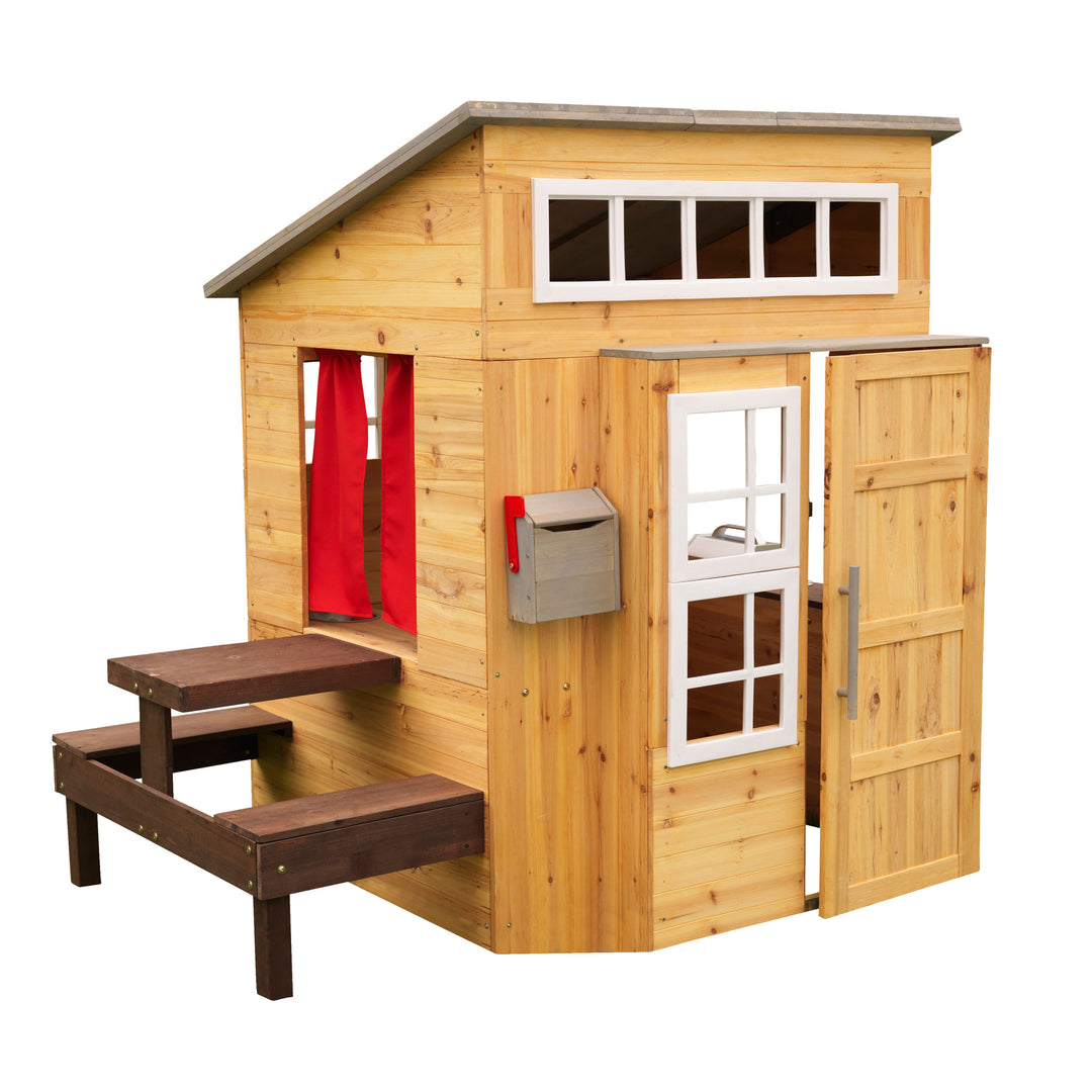 Modern Outdoor Playhouse by Kidkraft is a cubby house that is perfect for all size backyards and can be easily painted for makeover also includes cubby bench and kitchenette