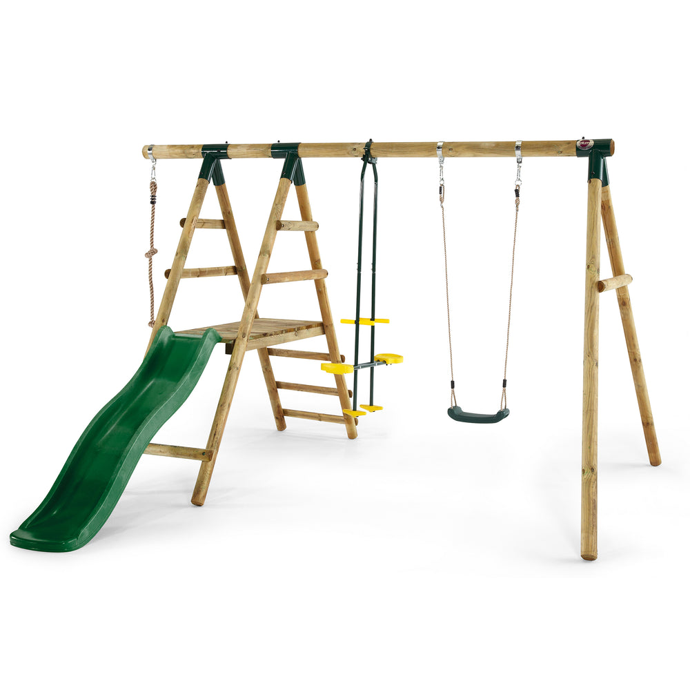 Plum Play swing set with slide and rope climb for kids backyard play