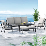 Outdoor 7-Seater Lounge Set - Aluminium Bench w/Cushions - Black / Grey