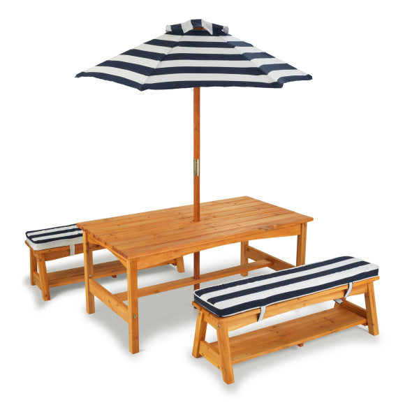 Kids picnic table and bench with cushions and umbrella for garden and backyard use