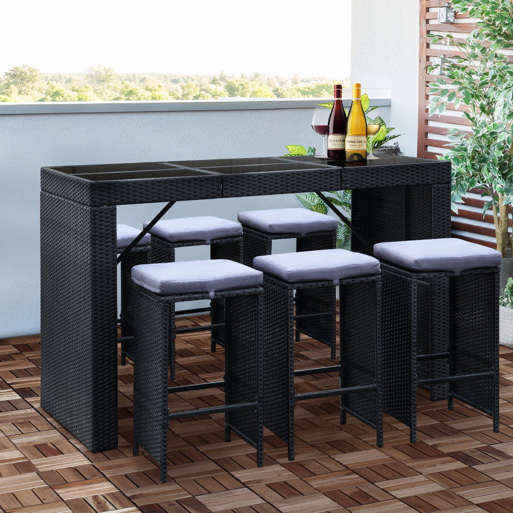 7 Piece Outdoor Bar Dining Table Set - Black