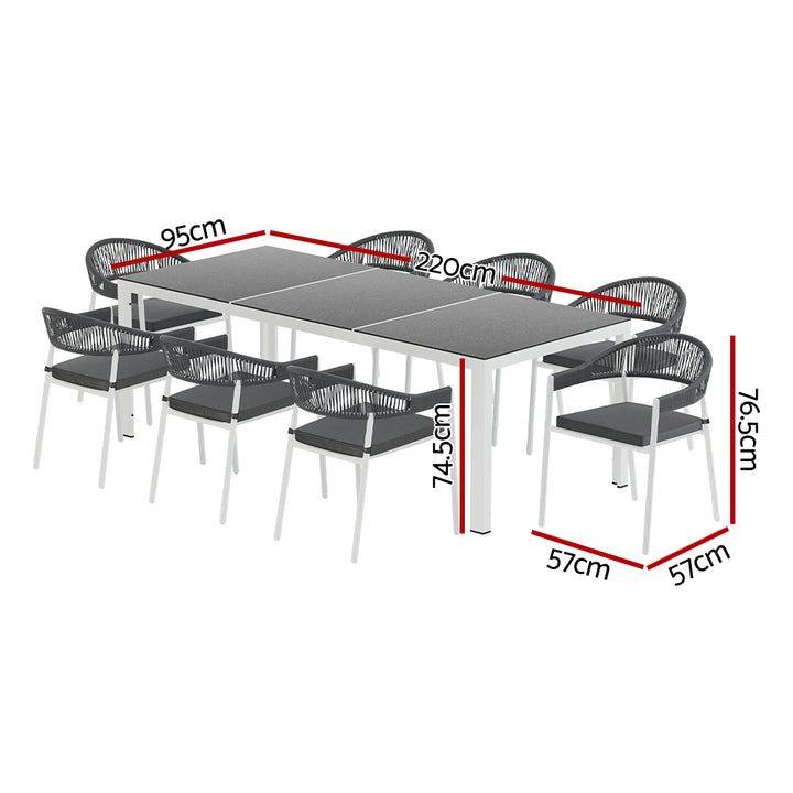 9pc Outdoor Dining Table & Chair Set - White / Grey