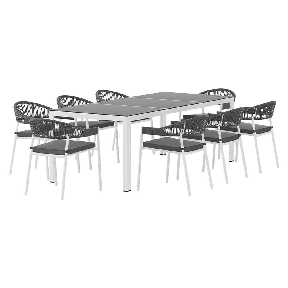 9pc Outdoor Dining Table & Chair Set - White / Grey