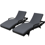 Gardeon 2pc Sun Lounge Set - Wicker with Grey Cushion - Adjustable - Black
