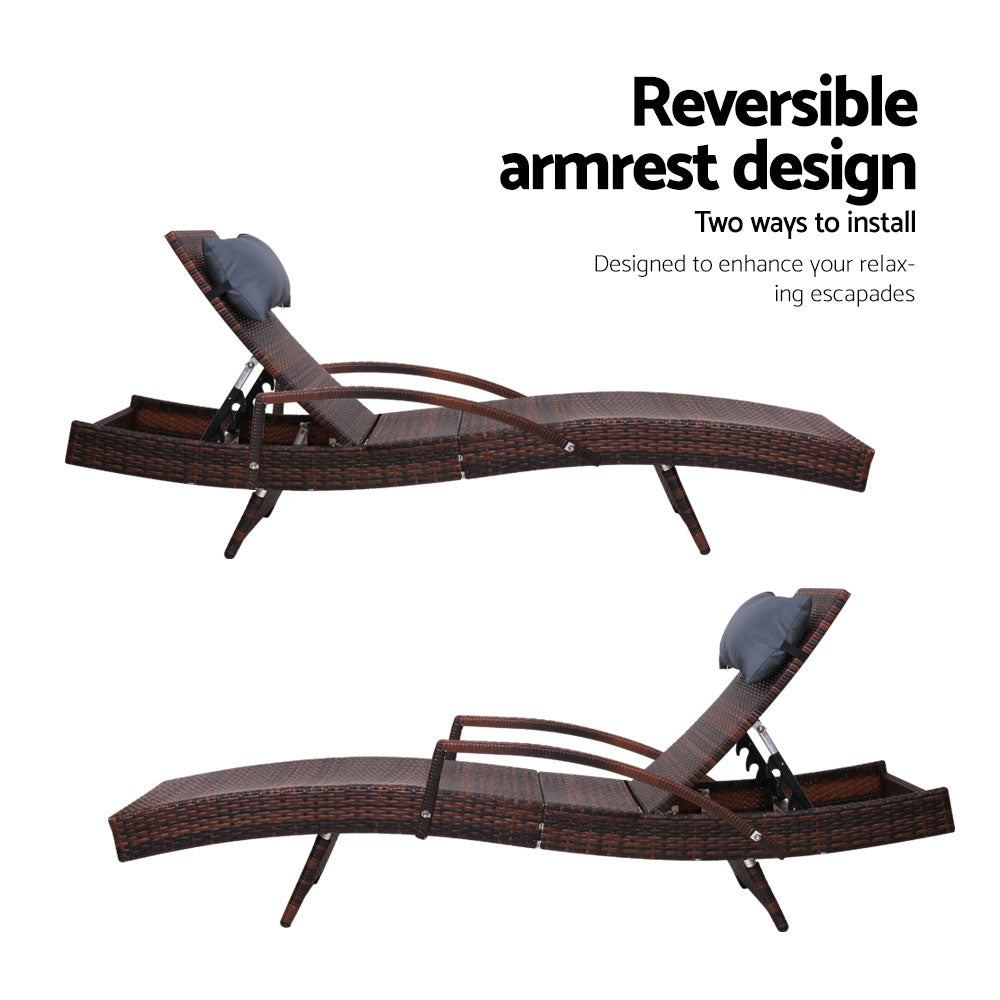 Gardeon Sun Lounge - Wicker with Adjustable Armrest - Brown