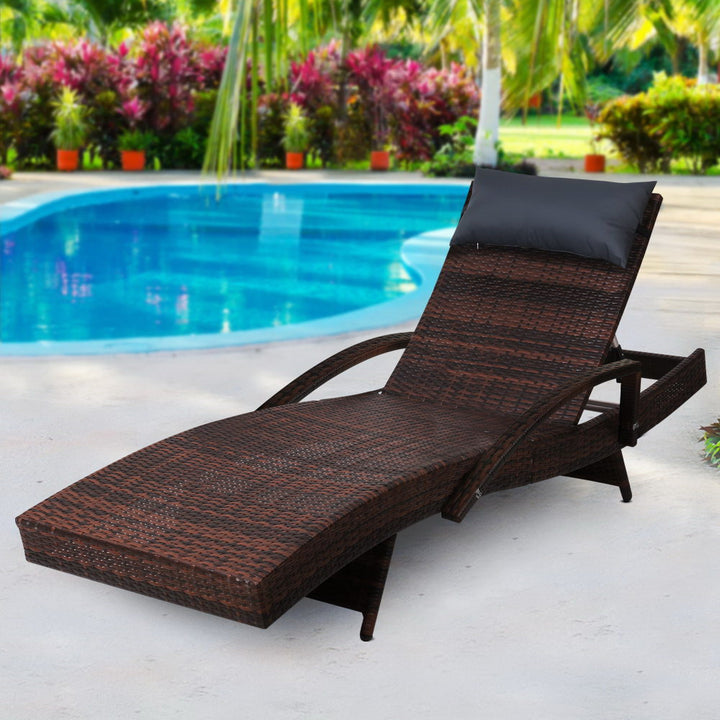 Gardeon Sun Lounge - Wicker with Adjustable Armrest - Brown