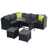 Outdoor Dining / Lounge Set with Table - Wicker - Black with Grey Cushion