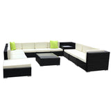 12pc Wicker Outdoor Lounge & Coffee Table Set - Beige Cushions / Black Frame