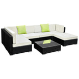 7pc Wicker Outdoor Lounge & Coffee Table Set - Beige Cushions / Black Frame