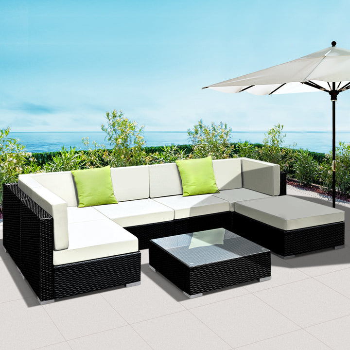 7pc Wicker Outdoor Lounge & Coffee Table Set - Beige Cushions / Black Frame