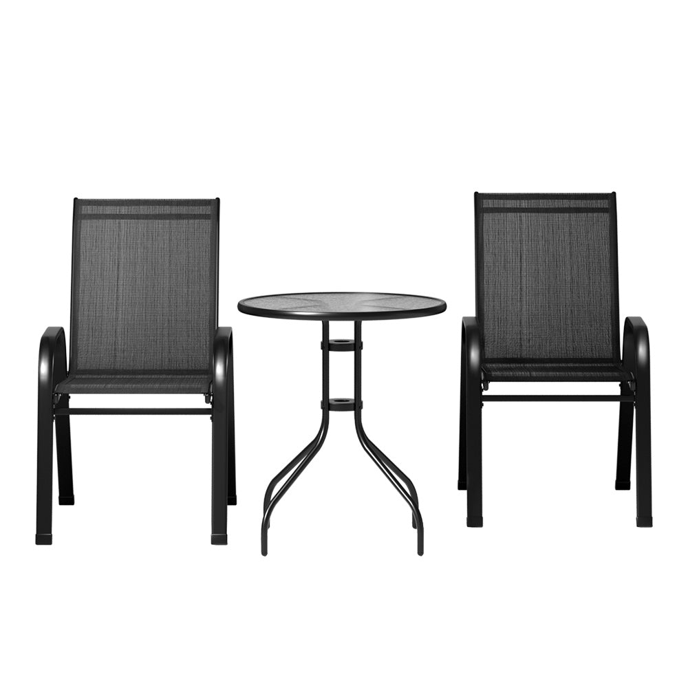 Gardeon 3PC Bistro Set Outdoor Table and Chairs Stackable Outdoor Furniture Black