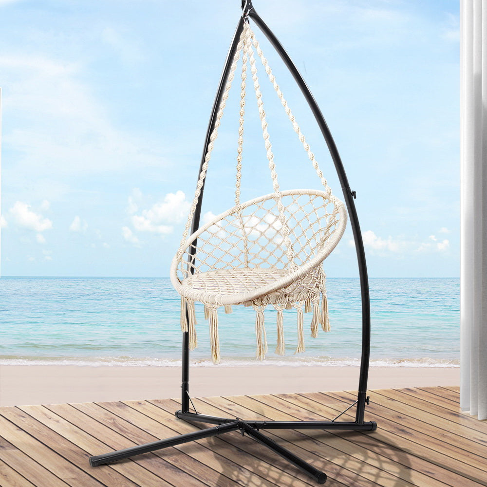 Gardeon Hammock Chair with Steel Stand Macrame Outdoor Swinging Cream