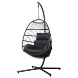 Gardeon Outdoor Egg Swing Chair with Stand - Wicker / Rope - Foldable - Grey