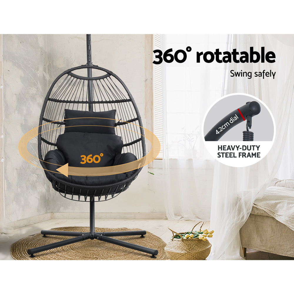 Gardeon Outdoor Egg Swing Chair Wicker Rope Furniture Pod Stand Foldable Grey