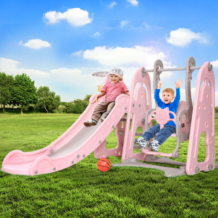 Keezi Kids Slide Swing Outdoor Playground Basketball Hoop Playset Pink