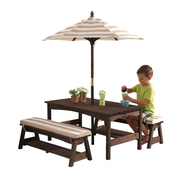 Oatmeal and White - Outdoor Table & Bench Set with Umbrella - The  Best Backyard