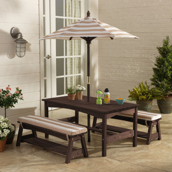 Oatmeal and White - Outdoor Table & Bench Set with Umbrella - The  Best Backyard