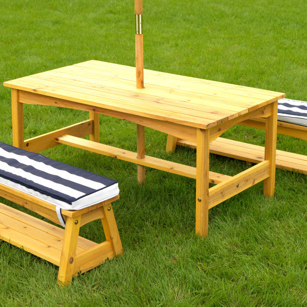 Kids Picnic Table & Bench Set with Cushions & Umbrella - Navy & White - The  Best Backyard