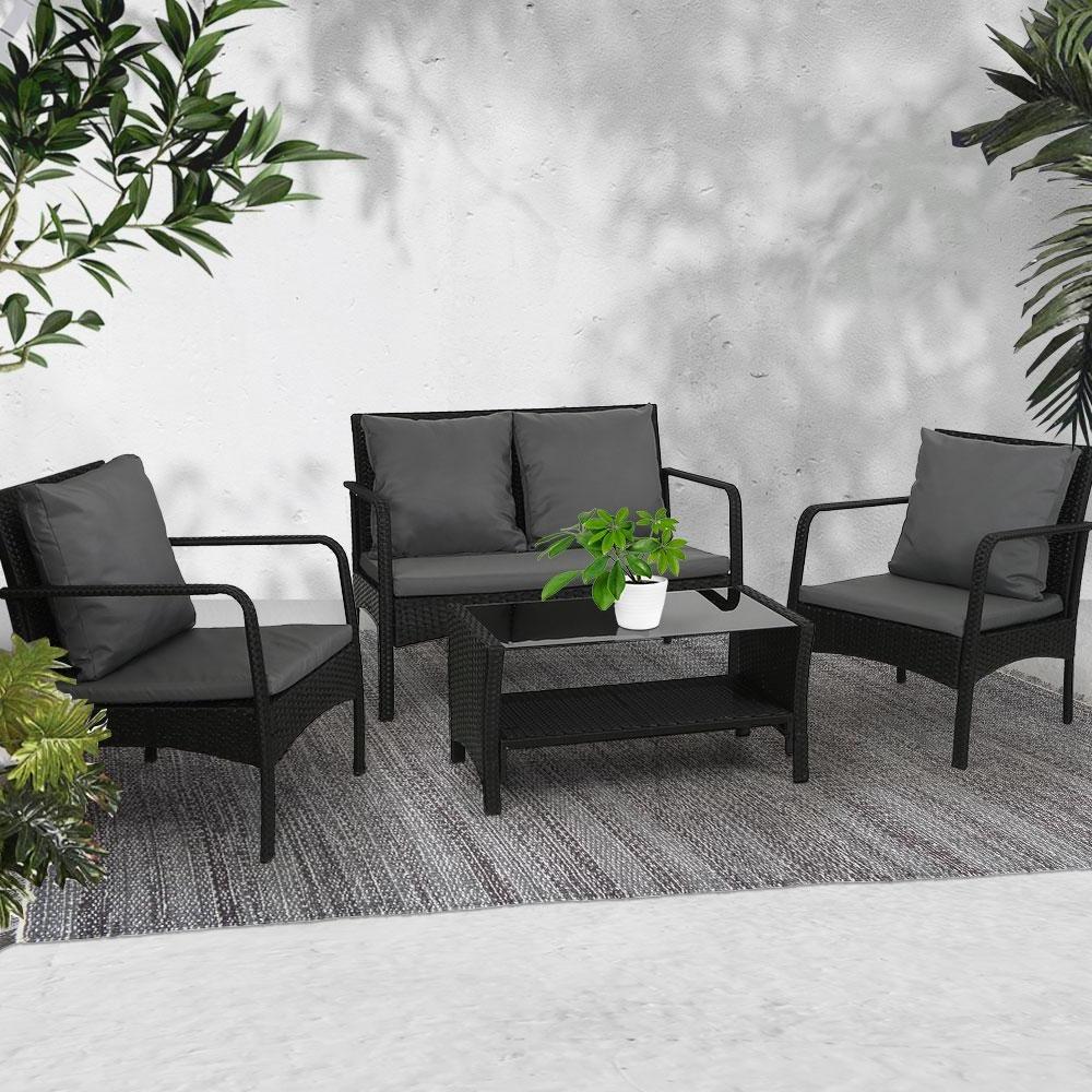 Outdoor Lounge with Table and Chairs Set Rattan Black - The  Best Backyard