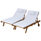 2pc Sun Lounge Set - Wooden with Cushions / Wheels - White