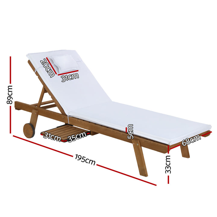 2pc Sun Lounge Wooden Lounger with Wheel White