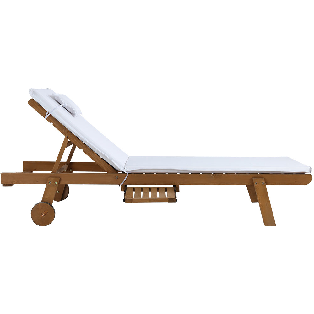 2pc Sun Lounge Wooden Lounger with Wheel White