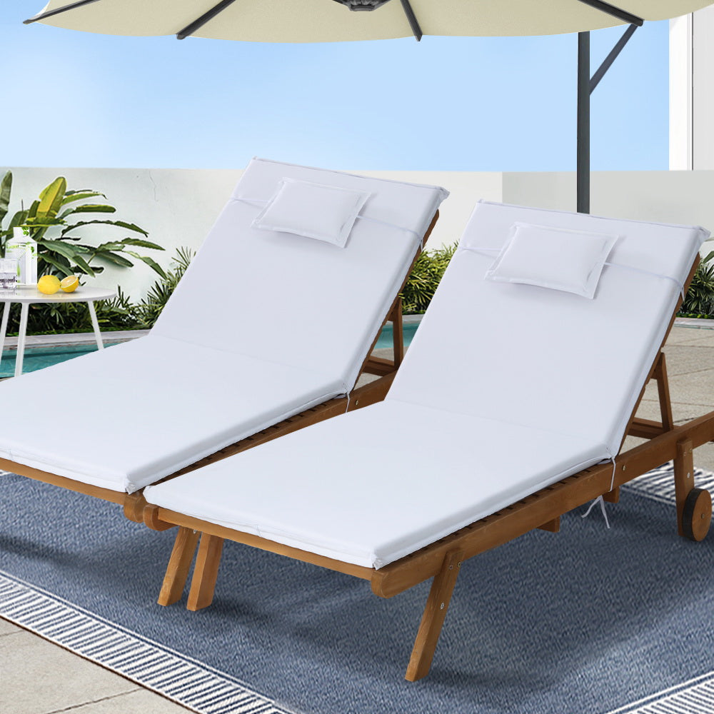 2pc Sun Lounge Set Wooden with Cushions Wheels White – The