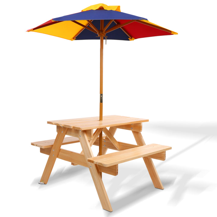 Kids Timber Picnic Table with Colourful Umbrella