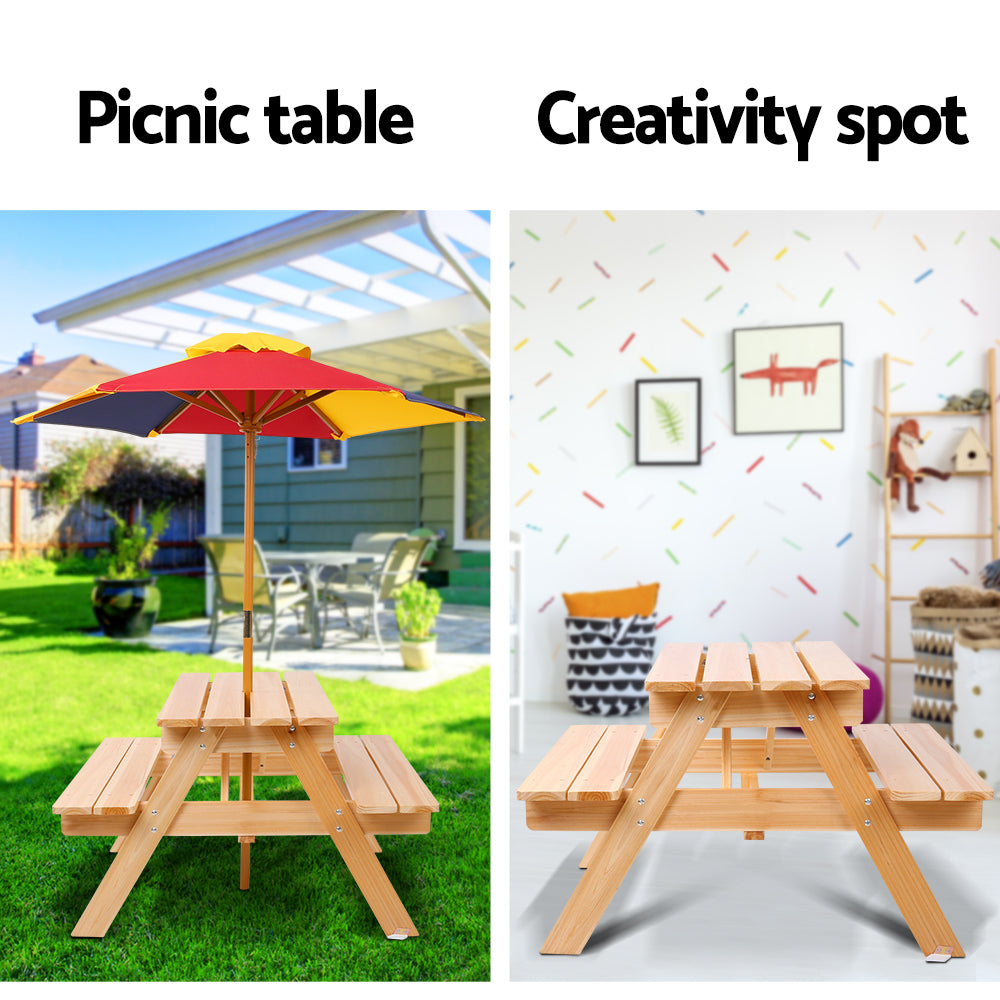 Kids Timber Picnic Table with Colourful Umbrella