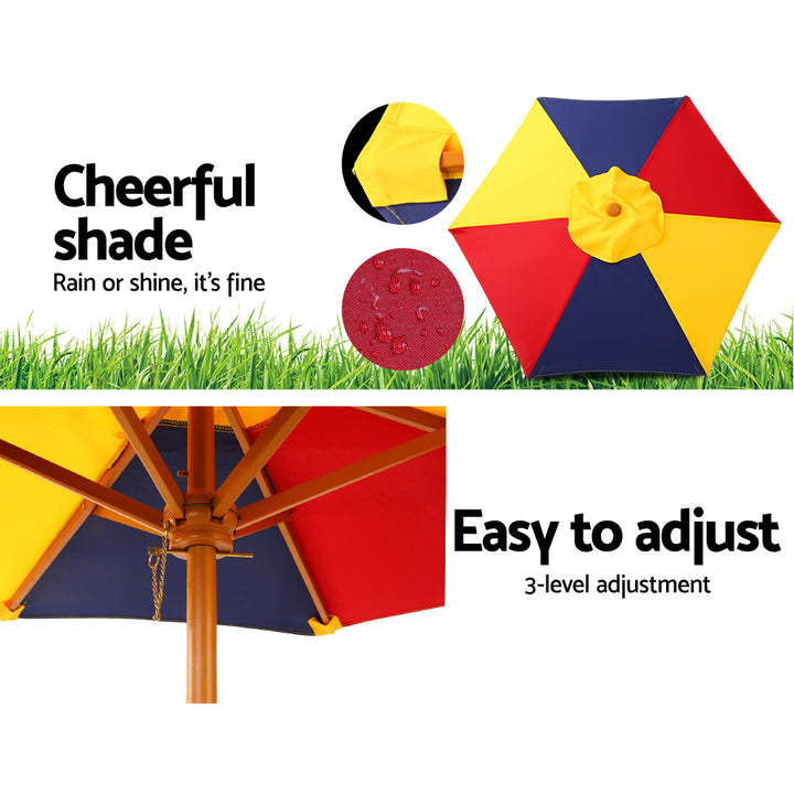 Kids Timber Picnic Table with Colourful Umbrella
