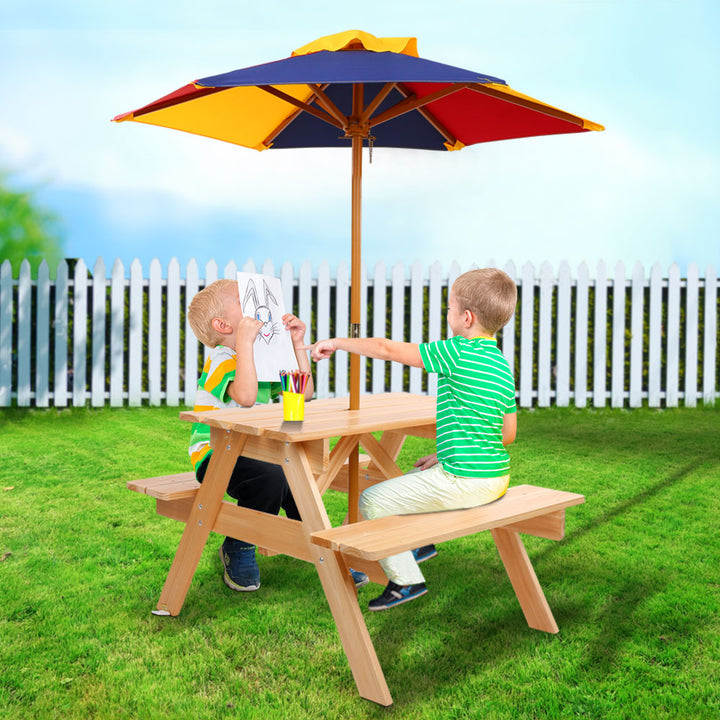 Kids Timber Picnic Table with Colourful Umbrella