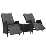 Gardeon 3pc Recliner Chairs & Table Setting - Wicker / Adjustable / Black