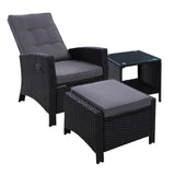Gardeon 3pc Outdoor Recliner Chairs / Table Set - Wicker / Adjustable - Black