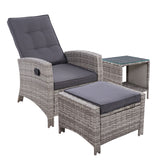 Gardeon 3pc Outdoor Recliner Chairs / Table Set - Wicker / Adjustable - Grey