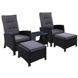 Gardeon 5pc Outdoor Recliner Chairs / Table Set - Wicker / Adjustable - Black