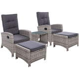 Gardeon 5pc Outdoor Recliner Chairs / Table Set - Wicker / Adjustable - Grey