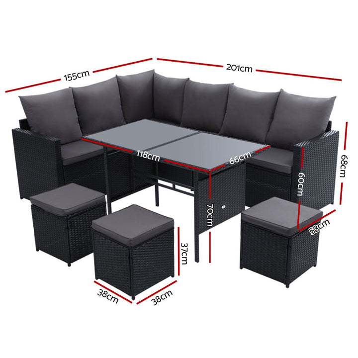 9 Seater Wicker Dining Set in Black