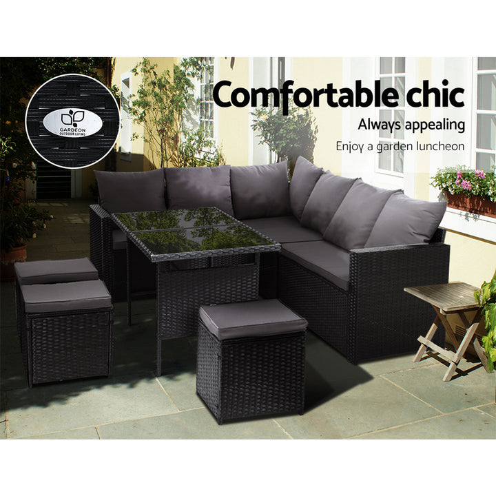 9 Seater Wicker Dining Set in Black