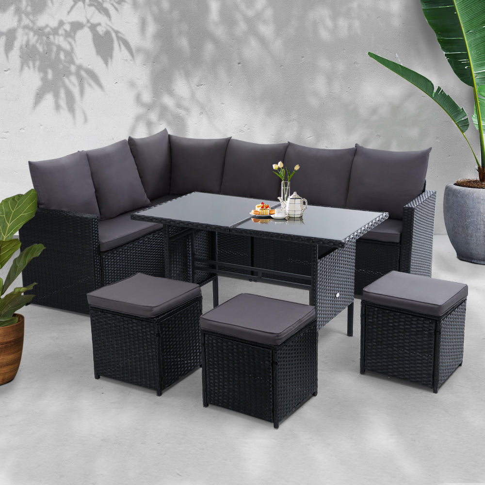 9 Seater Wicker Dining Set in Black