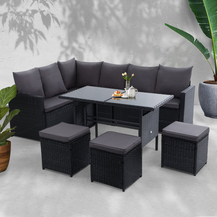 9 Seater Wicker Dining Set in Black