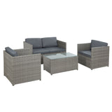 4-Seater Outdoor Sofa Set - Wicker Table & Chairs - Grey Cushions
