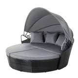 Gardeon Sun Lounge / Daybed - Wicker Base with Canopy & Cushions / Pillows - Black