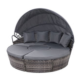 Gardeon Daybed / Sun Lounge Set- Wicker Base with Canopy & Cushions / Pillows - Wicker / Grey